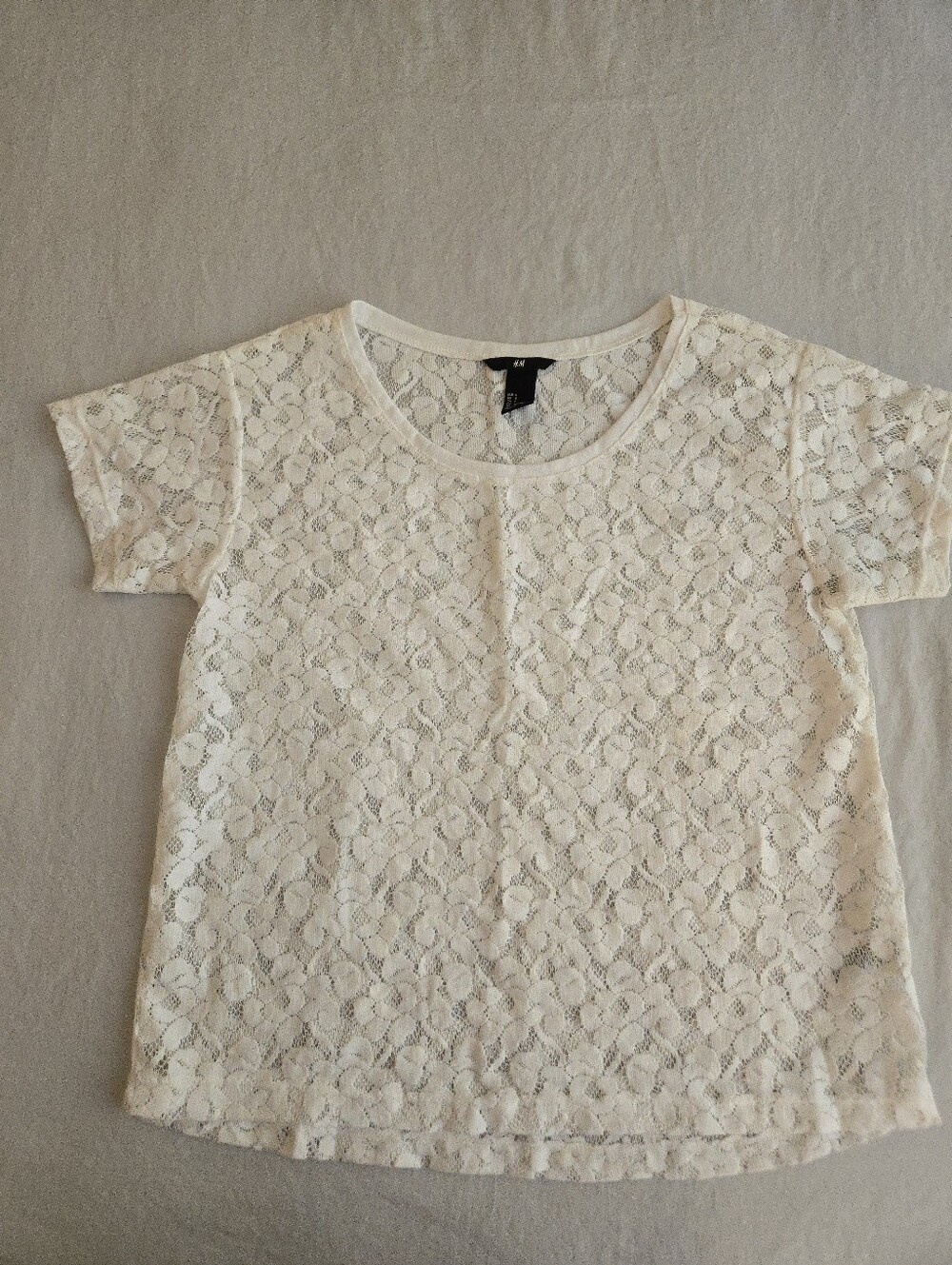 H&M Ivory White Sheer Floral Lace Short Sleeve Tee EB4